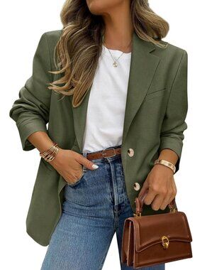 Women's Army Green Polyester Casual Long Sleeve Lapel Open Front Suit Blazer